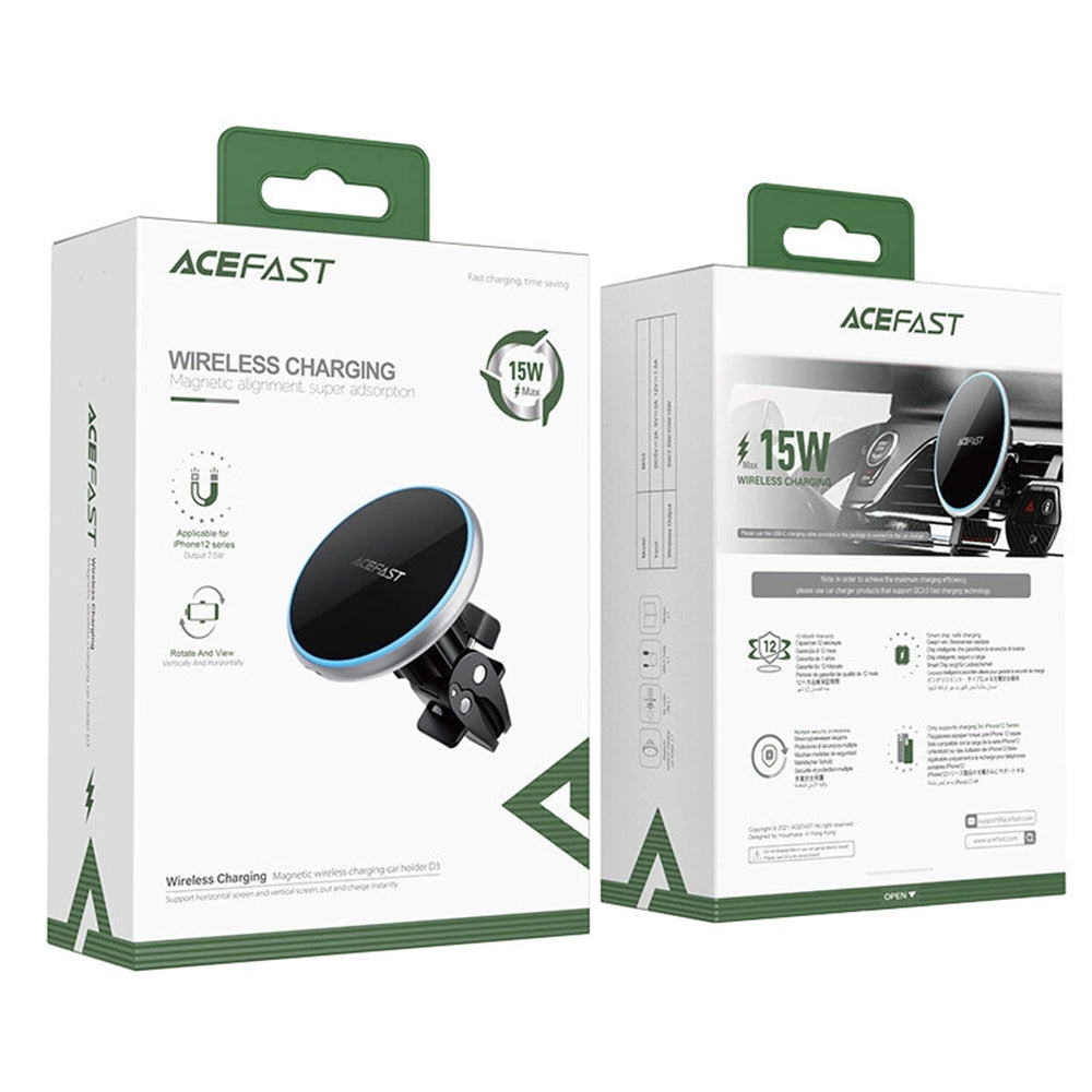 Acefast Suport Acefast with Wireless Charging (D3), for Air Vent, Magnetic Grip, Fast Charging, Adjustable, 15W, Arginti