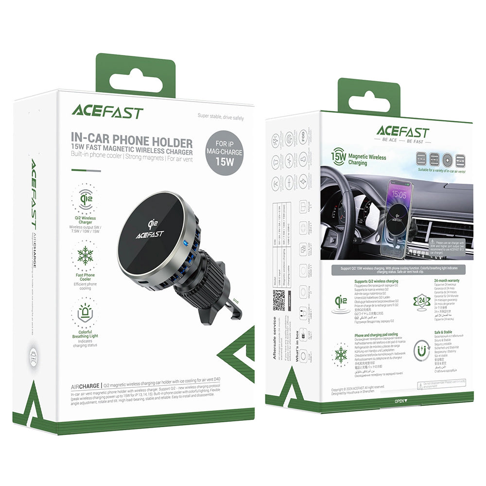 Acefast - Car Holder with Wireless Charging (D40) - for Air Vent, Magnetic Grip, Ice Cooling, Qi2, USB-C, 15W - Metal Gr