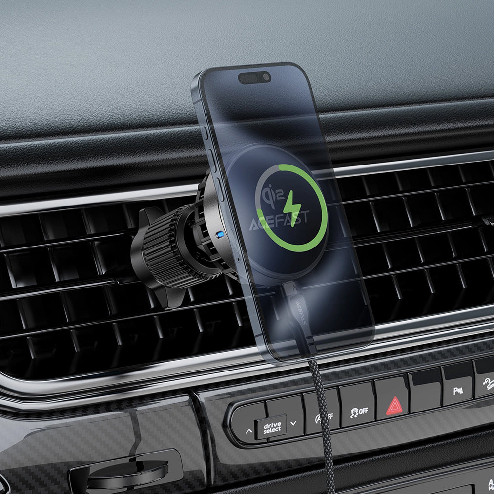 Acefast - Car Holder with Wireless Charging (D40) - for Air Vent, Magnetic Grip, Ice Cooling, Qi2, USB-C, 15W - Metal Gr