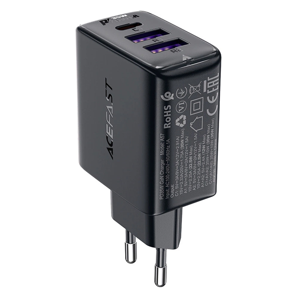 Acefast - Wall Charger (A57) - GaN, Fast Charging, 2x USB, Type-C, PD35W, Smart Chip - Black