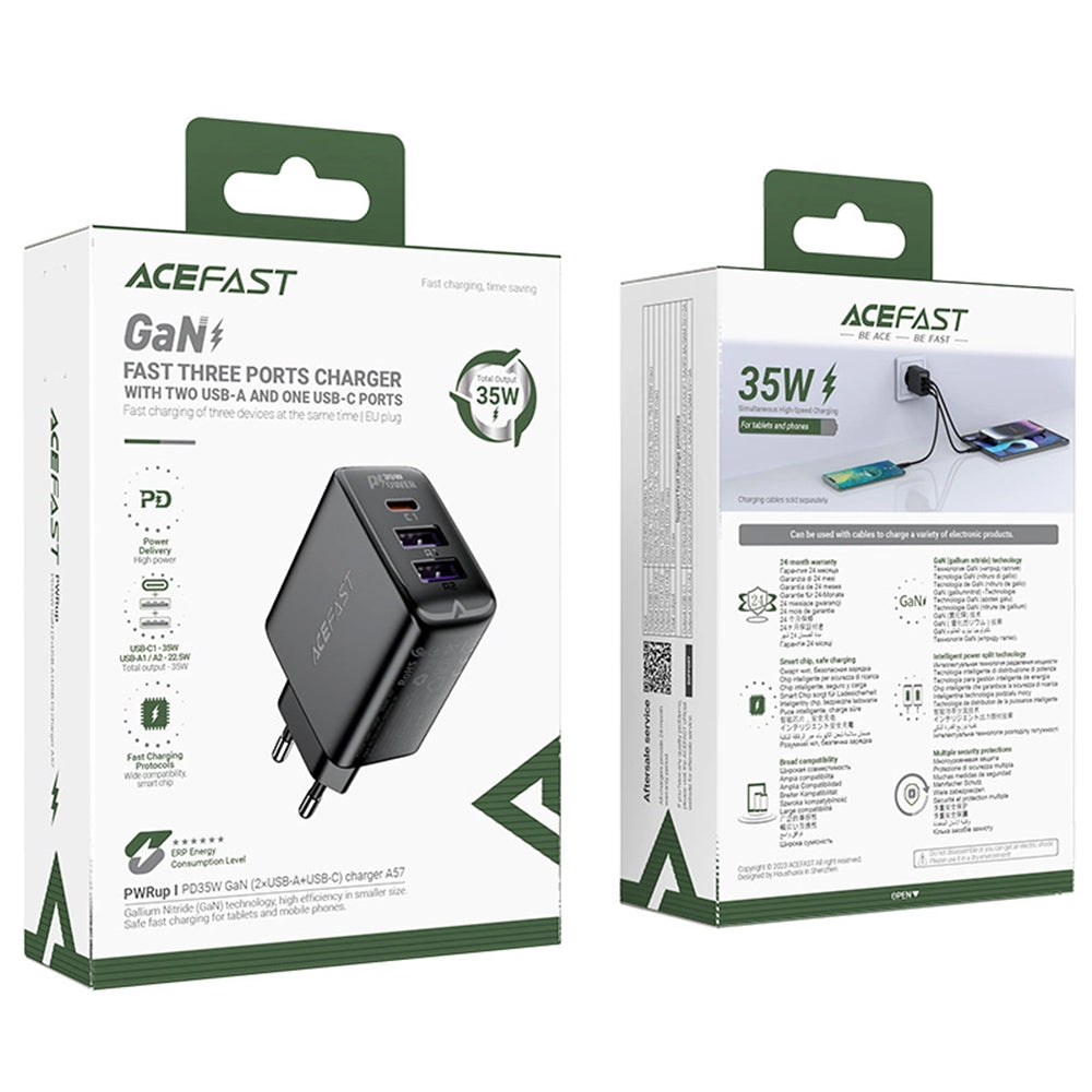 Acefast - Wall Charger (A57) - GaN, Fast Charging, 2x USB, Type-C, PD35W, Smart Chip - Black
