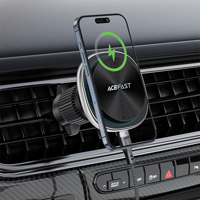 Acefast - Car Holder with Wireless Charging (D41) - for Air Vent, Magnetic Grip, USB-C, 15W, for 4.7 - 6.9" Phones - Sil