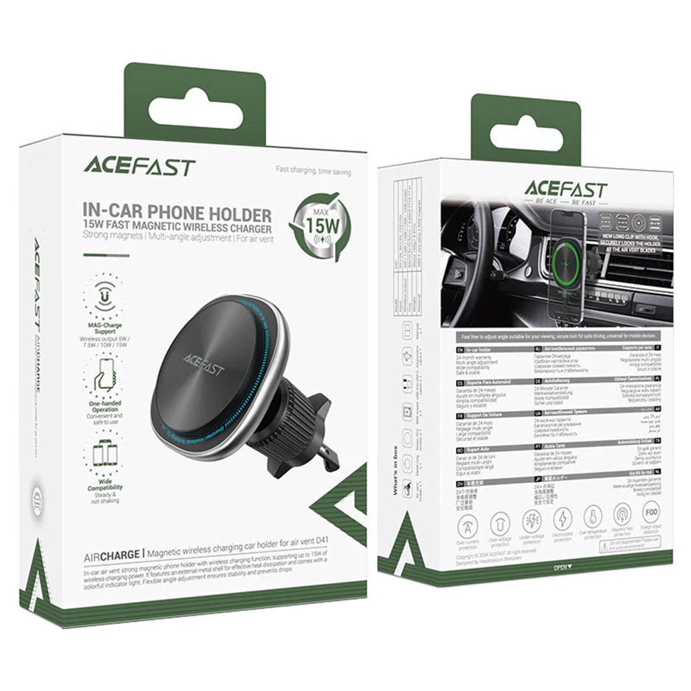 Acefast - Car Holder with Wireless Charging (D41) - for Air Vent, Magnetic Grip, USB-C, 15W, for 4.7 - 6.9" Phones - Sil