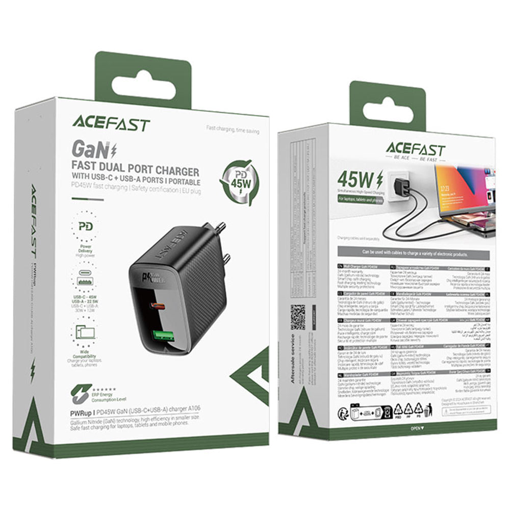 Acefast Incarcator Acefast (A106), GaN Technology, Fast Charging, Type-C, USB, 45W, 3A, Negru – imagine 6