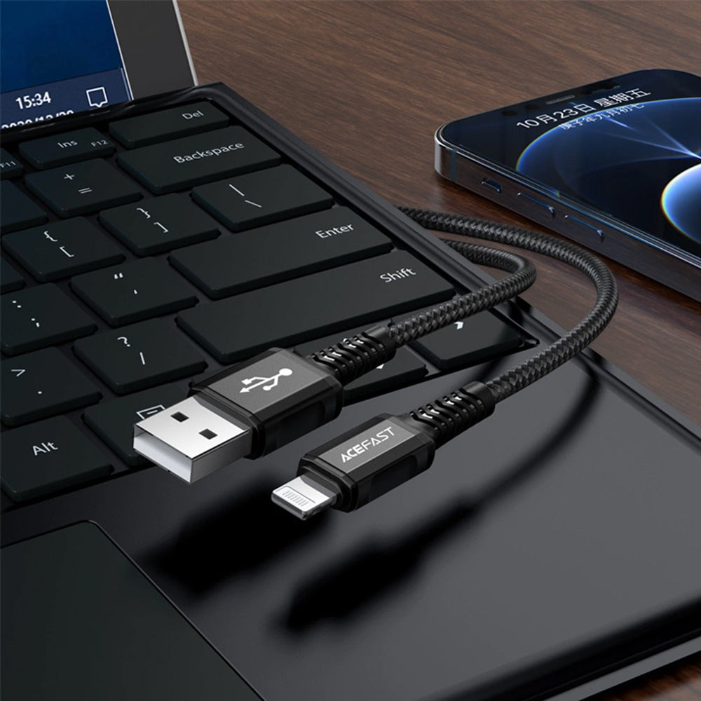 Acefast - Data Cable (C1-02) - USB to Lightning, 2.4A, Fast Charging, MFi Certification, Nylon Braid, 1.2m - Black