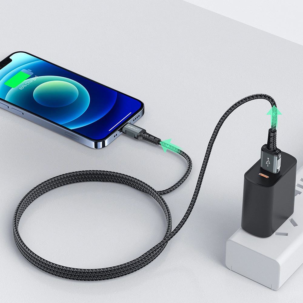 Acefast - Data Cable (C1-02) - USB to Lightning, 2.4A, Fast Charging, MFi Certification, Nylon Braid, 1.2m - Black