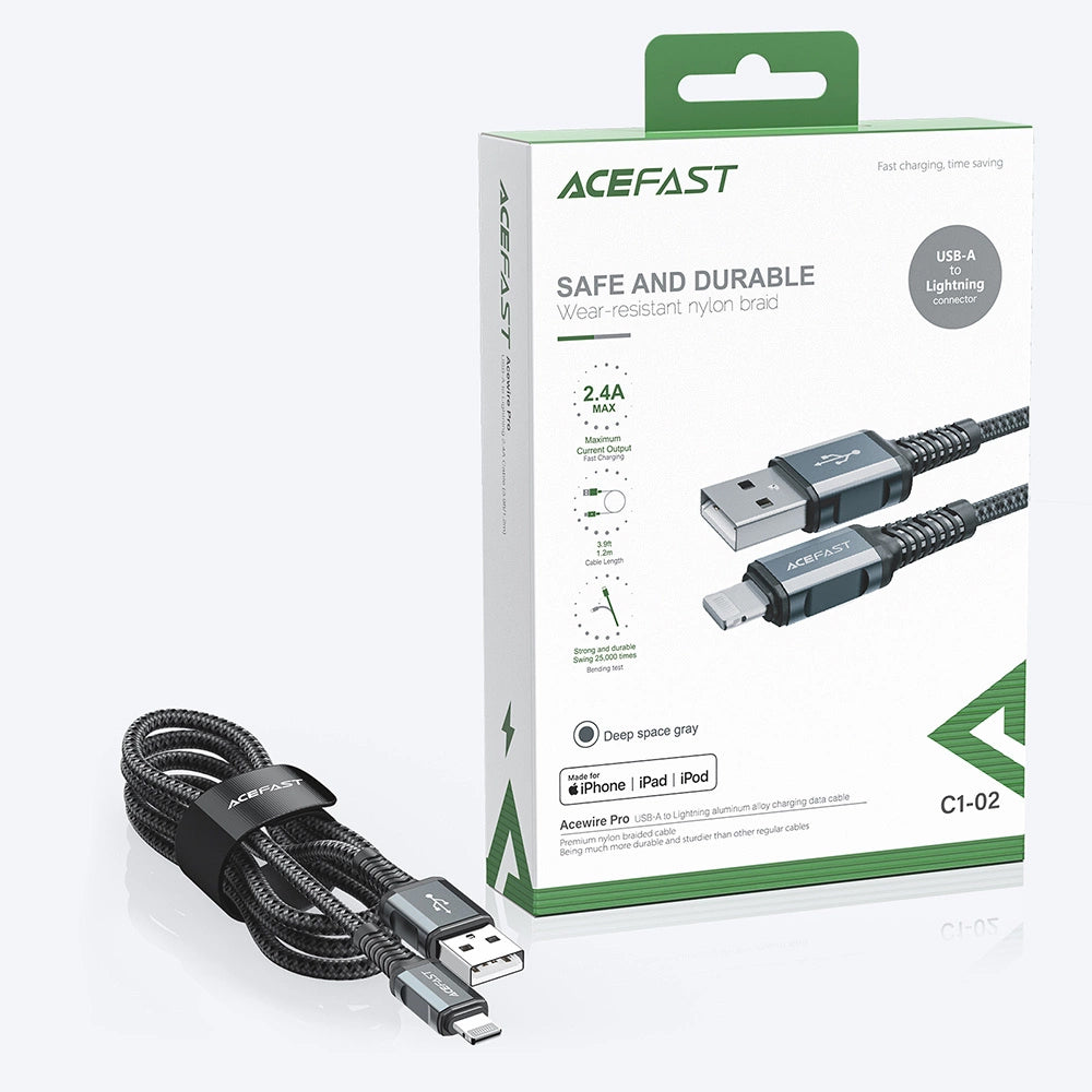 Acefast - Data Cable (C1-02) - USB to Lightning, 2.4A, Fast Charging, MFi Certification, Nylon Braid, 1.2m - Black