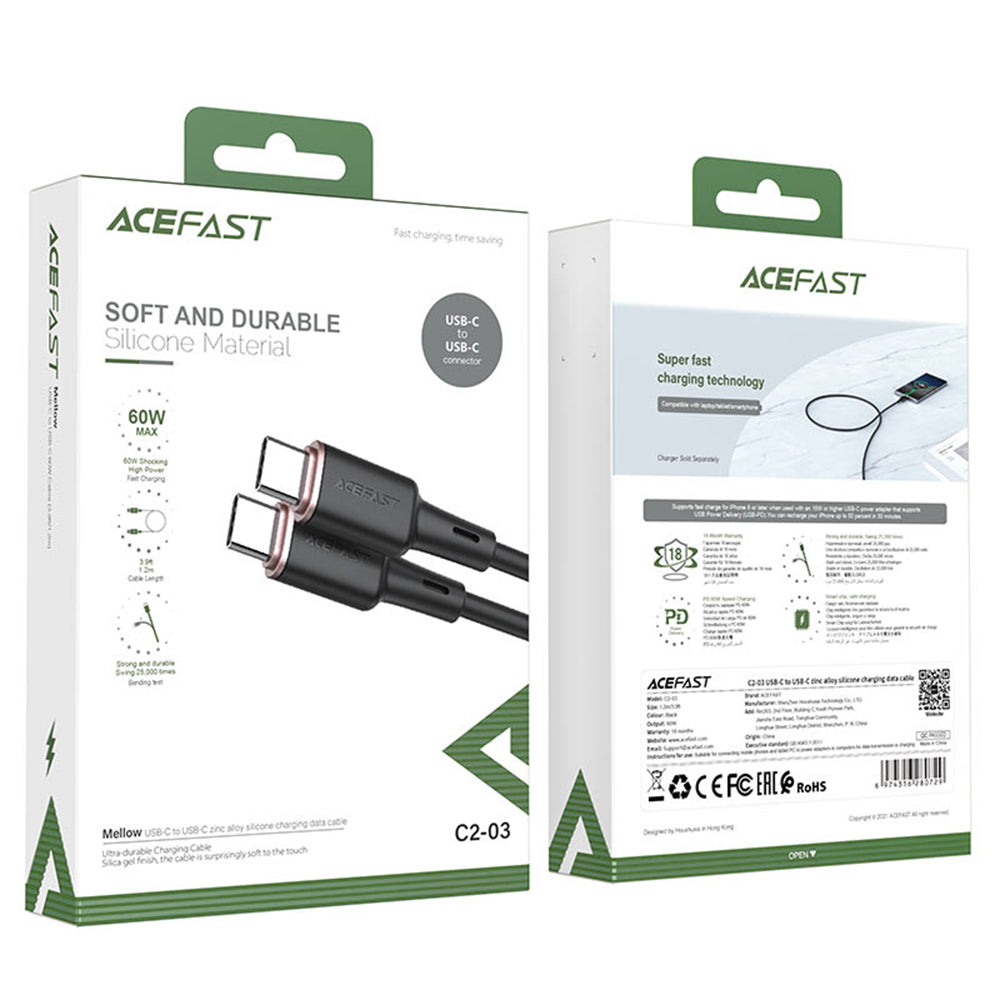 Acefast - Data Cable (C2-03) - Type-C to Type-C, 60W, 3A, Fast Charging, 1.2m - Black