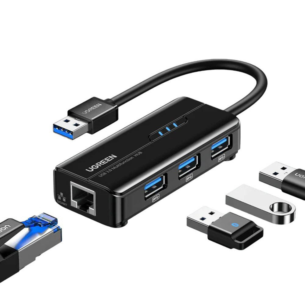 Ugreen - Ethernet Adapter (20265) - USB to 3x USB, RJ45 LAN Port, Plug & Play, 1000Mbps, 5Gbps, 20cm - Black