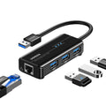 Ugreen - Ethernet Adapter (20265) - USB to 3x USB, RJ45 LAN Port, Plug & Play, 1000Mbps, 5Gbps, 20cm - Black