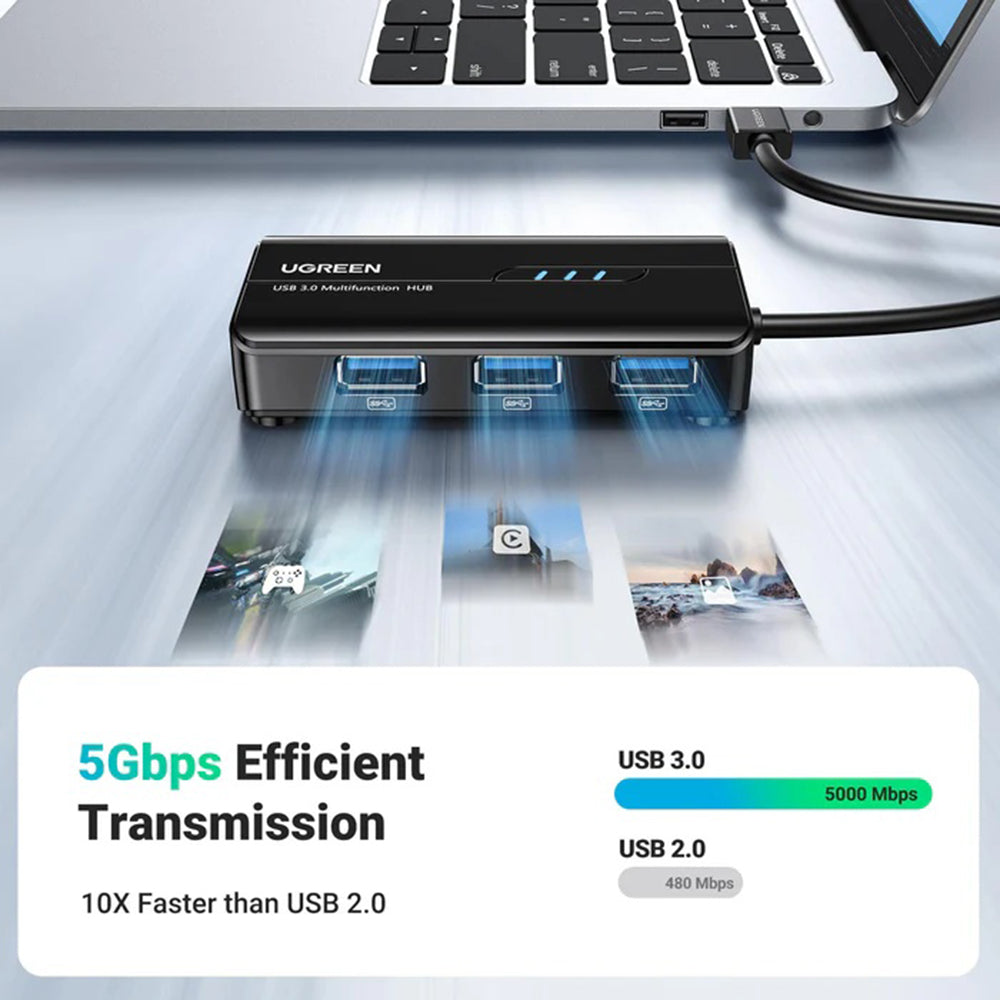 Ugreen - Ethernet Adapter (20265) - USB to 3x USB, RJ45 LAN Port, Plug & Play, 1000Mbps, 5Gbps, 20cm - Black