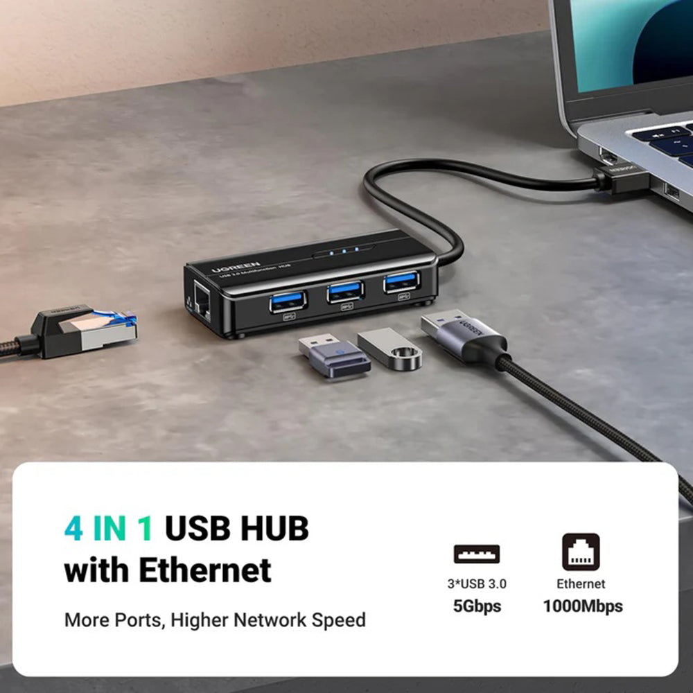 Ugreen - Ethernet Adapter (20265) - USB to 3x USB, RJ45 LAN Port, Plug & Play, 1000Mbps, 5Gbps, 20cm - Black
