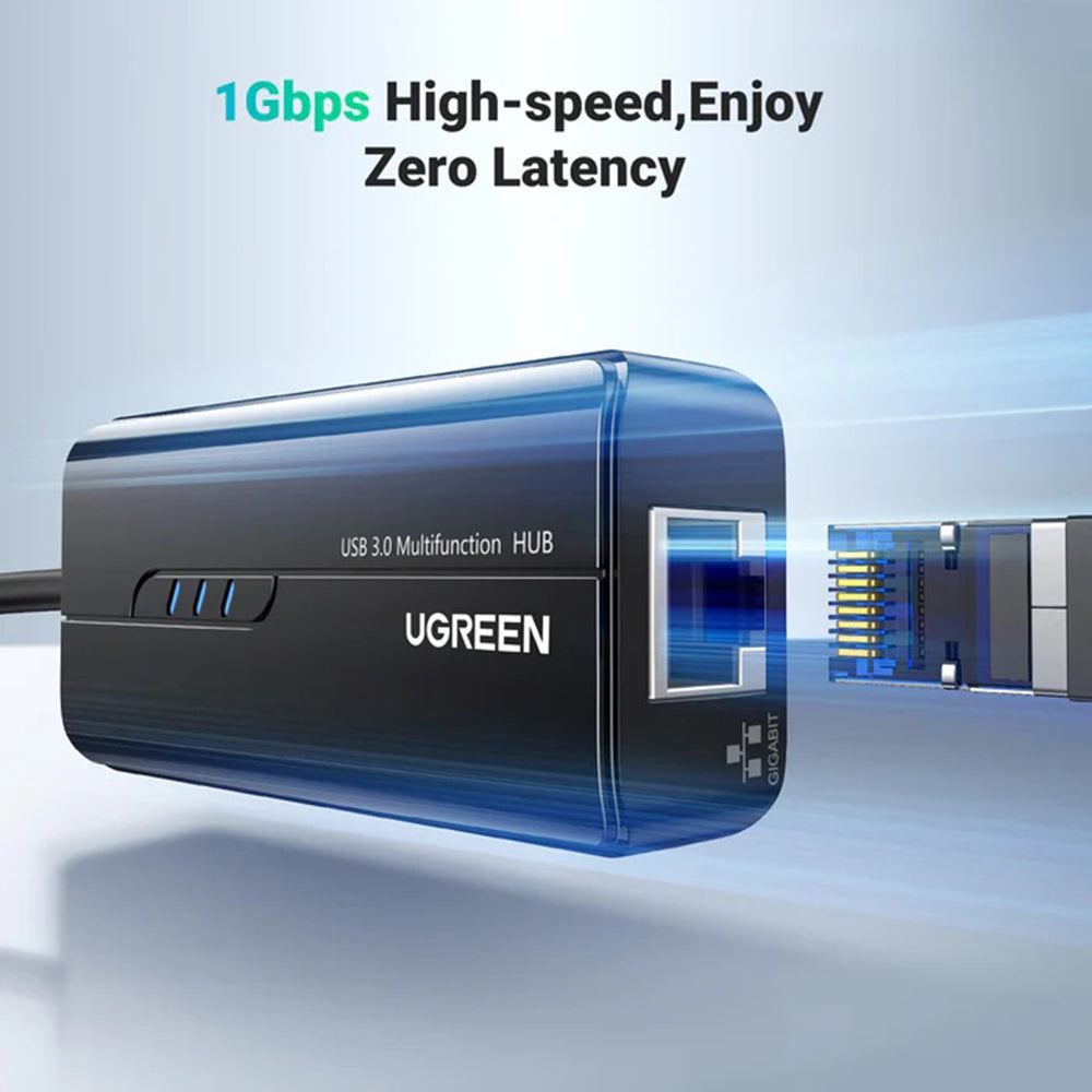 Ugreen - Ethernet Adapter (20265) - USB to 3x USB, RJ45 LAN Port, Plug & Play, 1000Mbps, 5Gbps, 20cm - Black