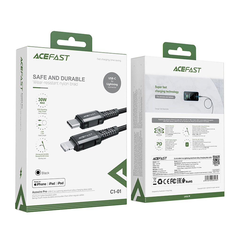 Acefast - Data Cable (C1-01) - Type-C to Lightning, 30W, 3A, Fast Charging, MFi Certification, Nylon Braid, 1.2m - Black