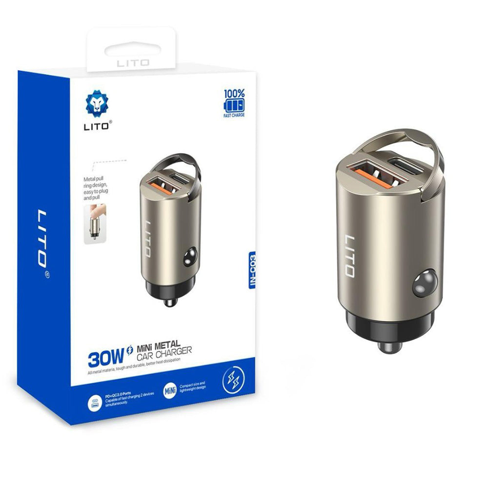 Lito - Car Charger (IN-C03) - 1x USB, 1x Type-C, 30W, Fast Charging, Ultra-Mini & Sleek Design, Universal - Gunmetal
