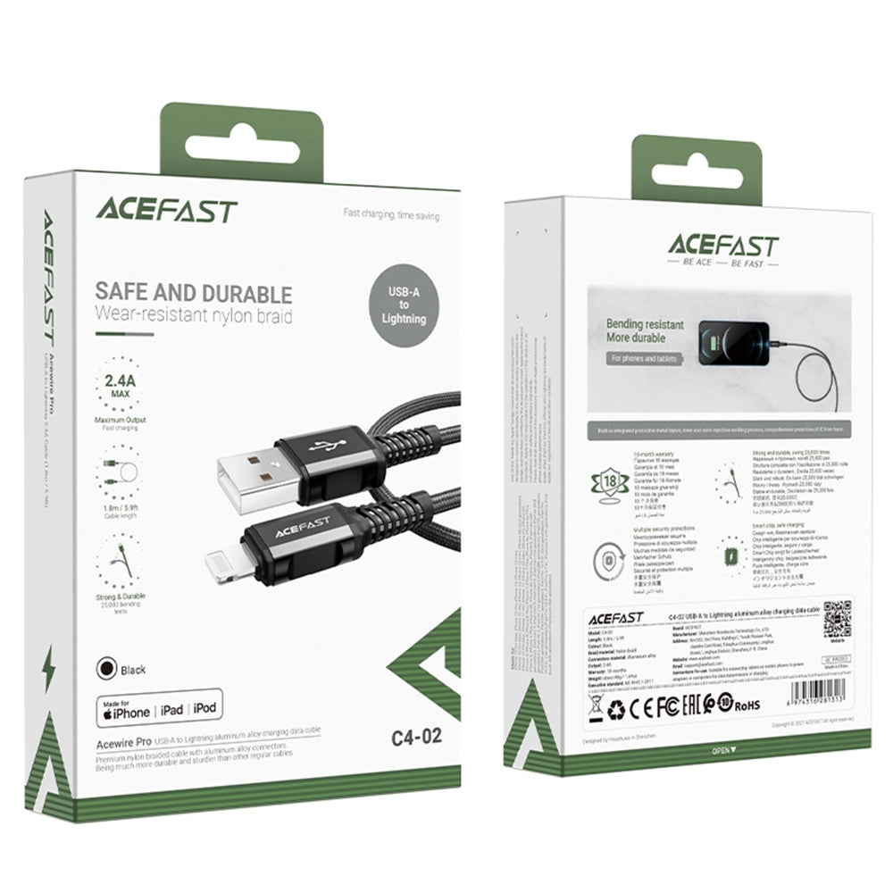 Acefast - Data Cable (C4-02) - Fast Charging, USB to Lightning, 2.4A, Aluminum Alloy, 1.8m - Black