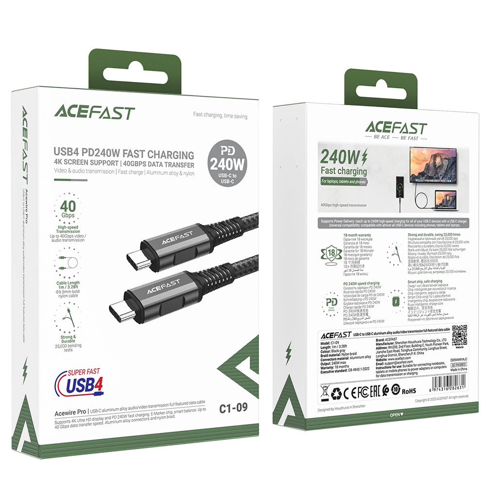 Acefast - Data Cable (C1-09) - SuperCharge, Audio-Video, USB-C to USB-C, 40Gbps, 4K, 5A, 240W, PD3.1, USB4, 1m - Gray / 