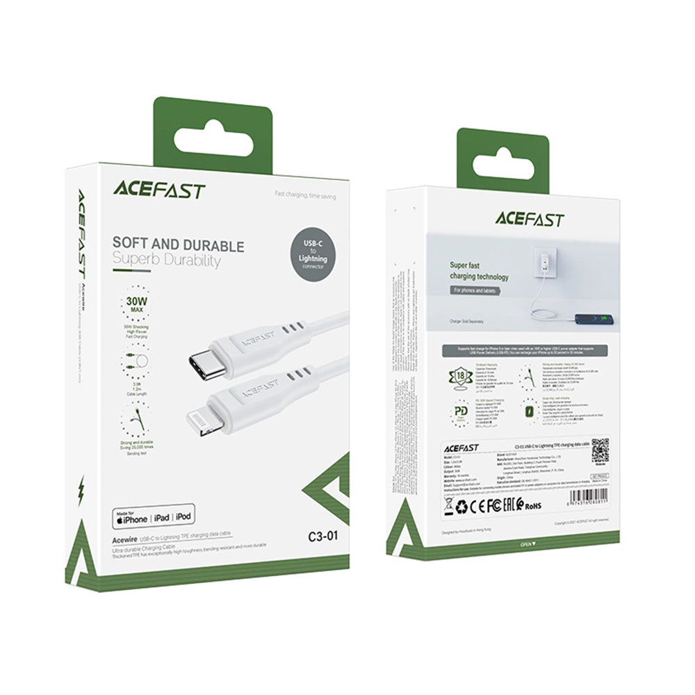 Acefast - Data Cable (C3-01) - Type-C to Lightning, 30W, 3A, Fast Charging, 1.2m - White