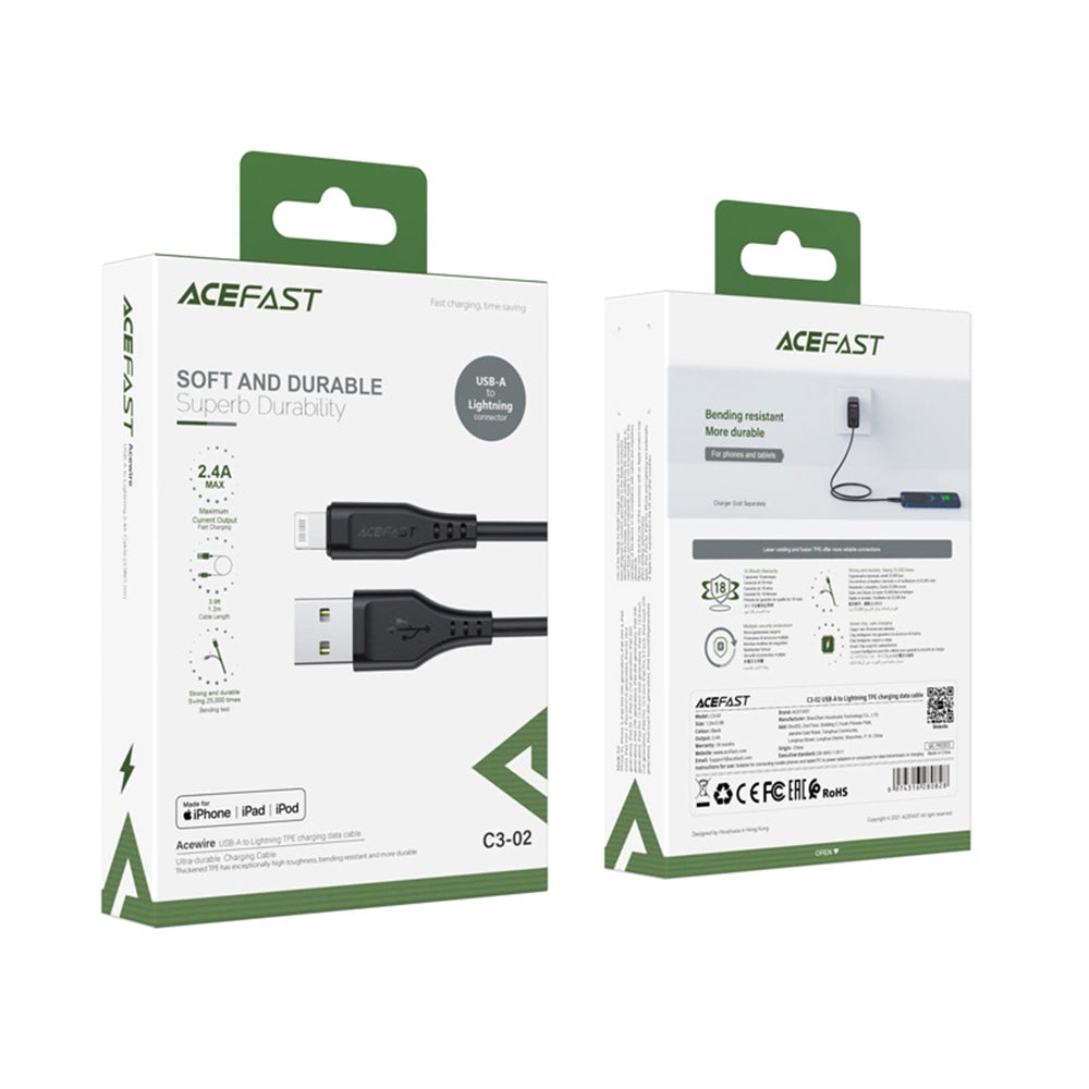 Acefast - Data Cable (C3-02) - USB to Lightning, 2.4A, 480Mbps, MFi Certification, 1.2m - Black