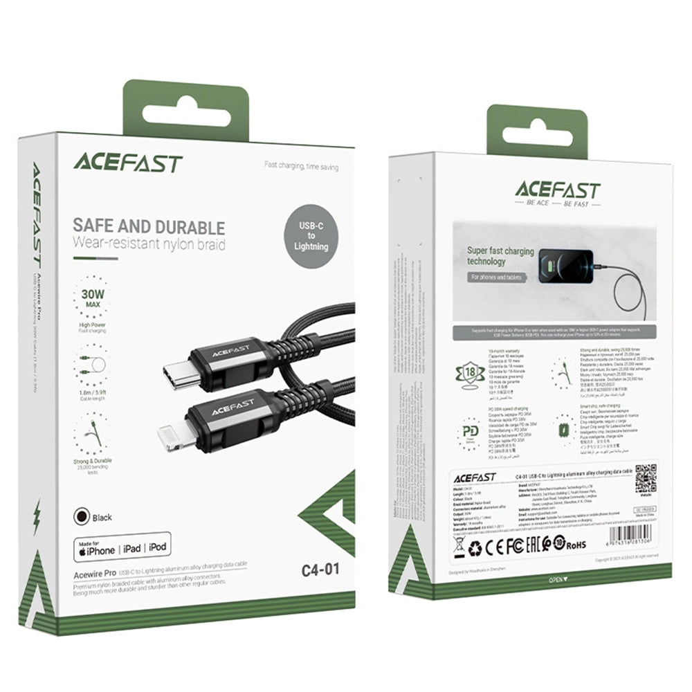 Acefast - Data Cable (C4-01) - Fast Charging, Type-C to Lightning, 30W, 3A, Aluminum Alloy, 1.8m - Black