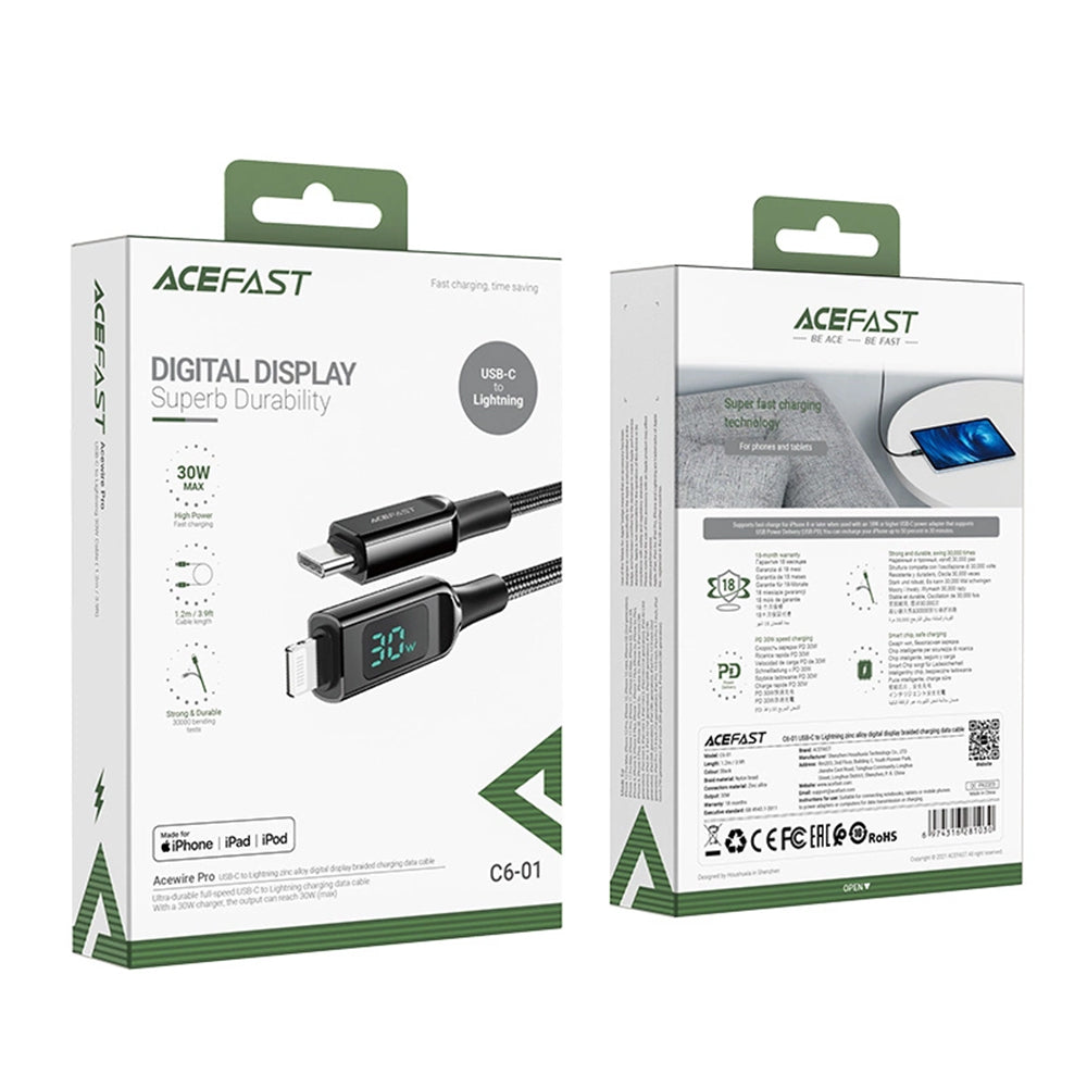 Acefast - Data Cable (C6-01) - Type-C to Lightning, Fast Charging, 3A, LED Display, 1.2m - Black