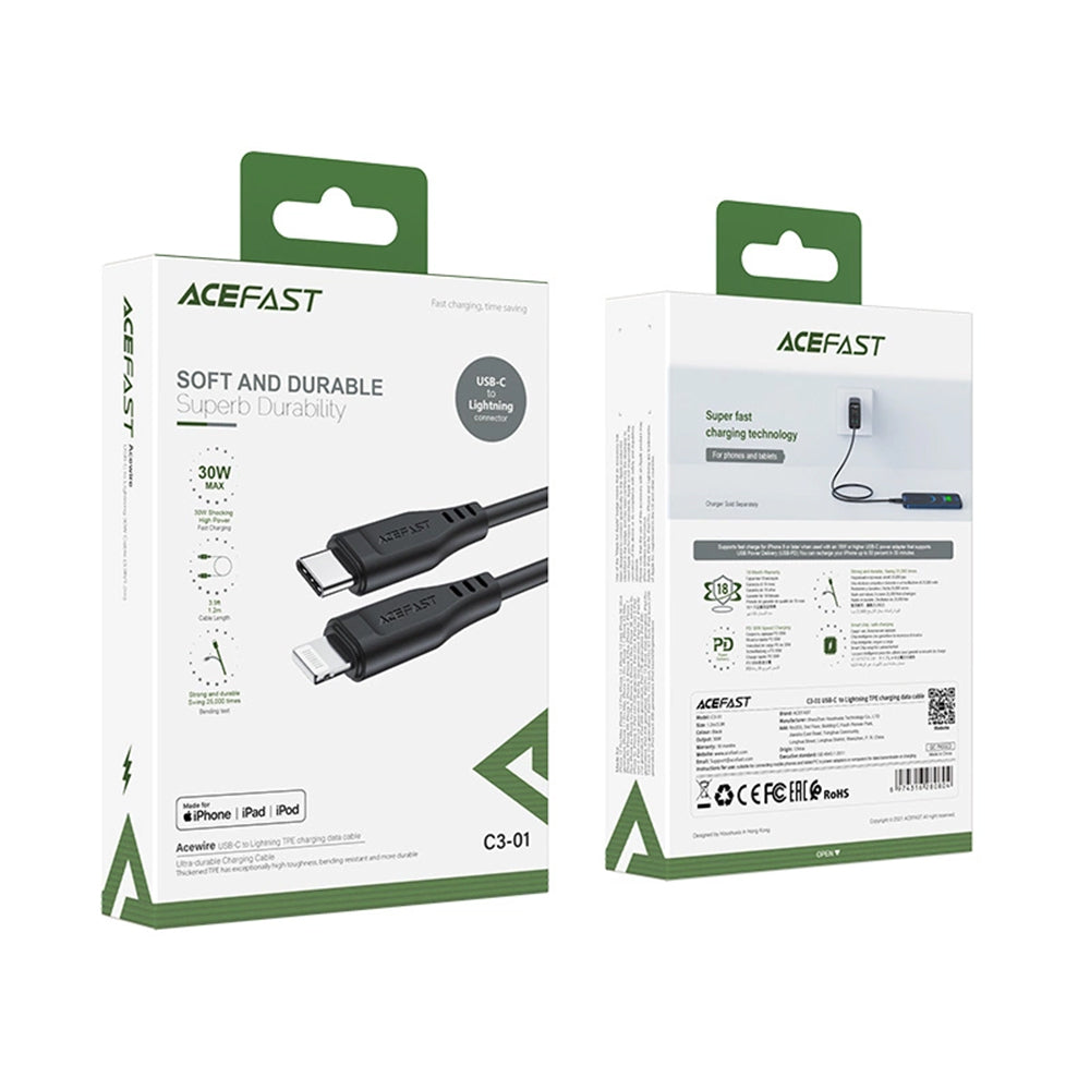 Acefast - Data Cable (C3-01) - Type-C to Lightning, 30W, 3A, Fast Charging, 1.2m - Black