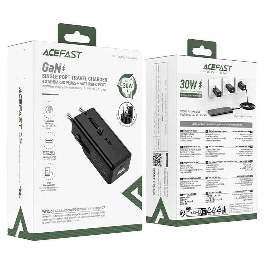 Acefast - Travel Adapter (Z7) - GaN, Type-C, EU, UK, AU, US, PD30W, Multifunctional Fast Charger, Mini Design - Black