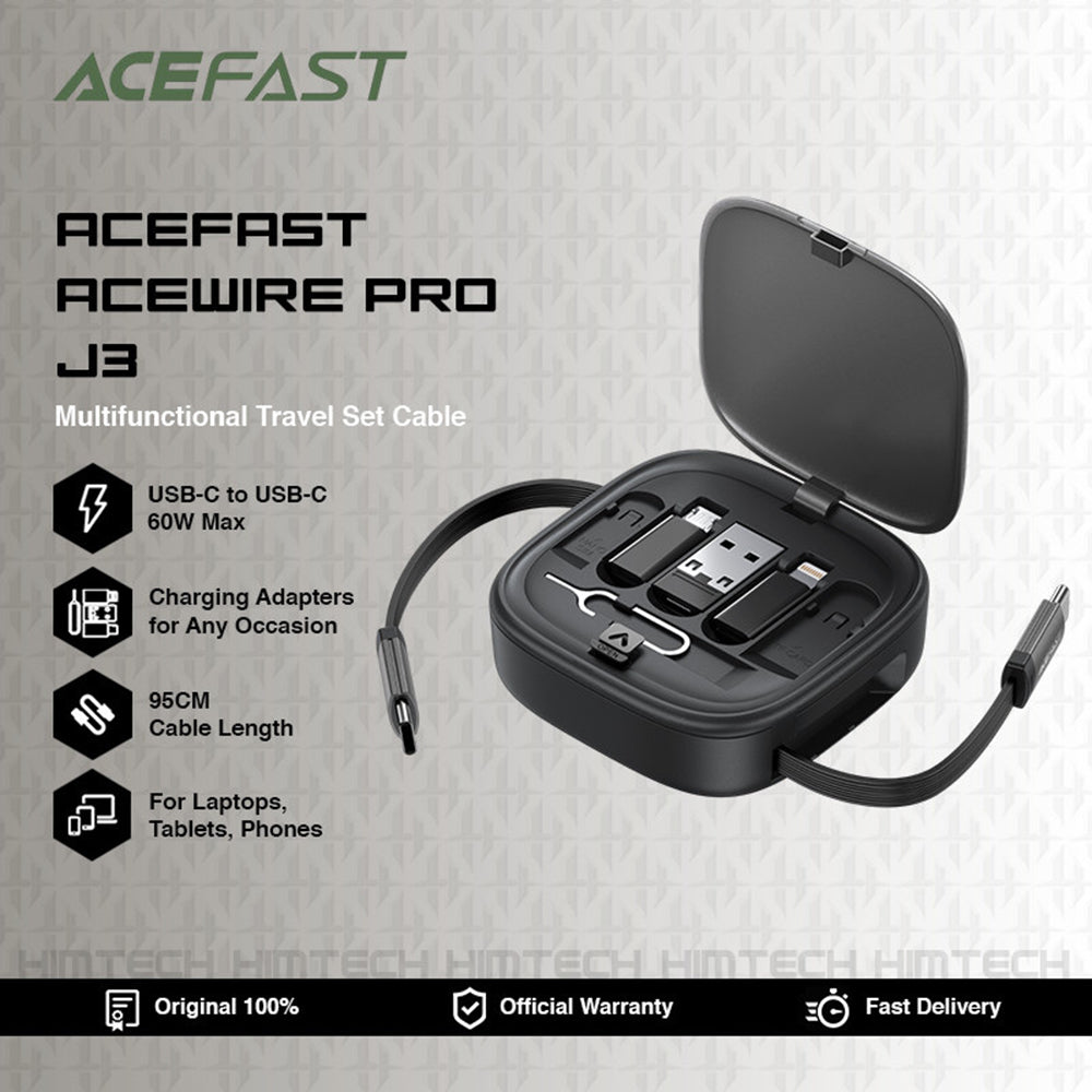 Acefast Cablu Acefast (J3), Travel Set with Retractable Cable 2x USB-C, USB, Lightning, Micro-USB, TF, 60W, 3A, 0.95m, N