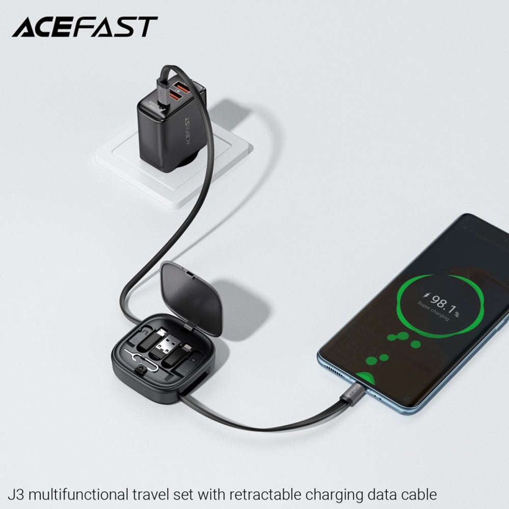Acefast Cablu Acefast (J3), Travel Set with Retractable Cable 2x USB-C, USB, Lightning, Micro-USB, TF, 60W, 3A, 0.95m, N