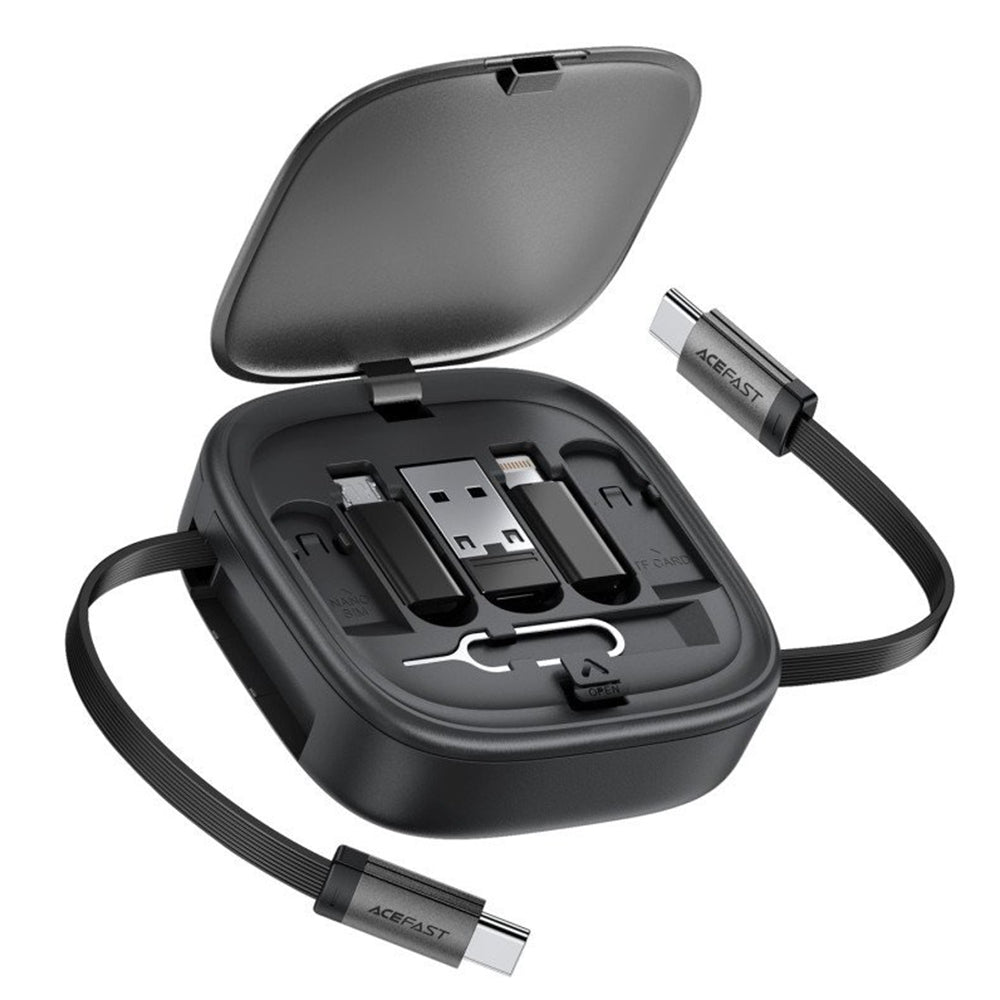 Acefast Cablu Acefast (J3), Travel Set with Retractable Cable 2x USB-C, USB, Lightning, Micro-USB, TF, 60W, 3A, 0.95m, N