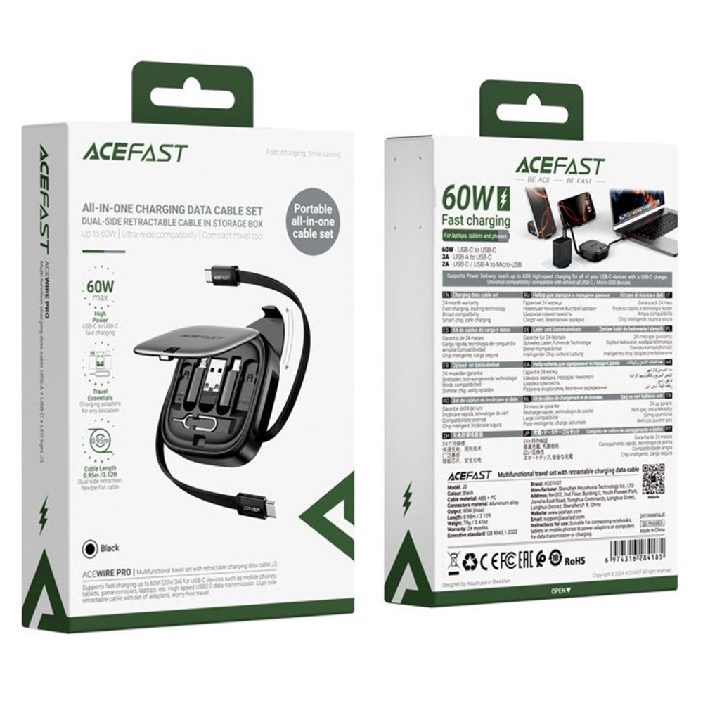 Acefast Cablu Acefast (J3), Travel Set with Retractable Cable 2x USB-C, USB, Lightning, Micro-USB, TF, 60W, 3A, 0.95m, N