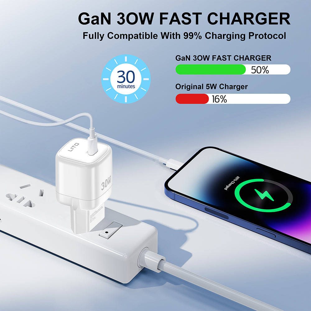 Lito - Wall Charger (LC11) - Type-C Output, PD30W, GaN, Real Time Protection, EU Plug - White