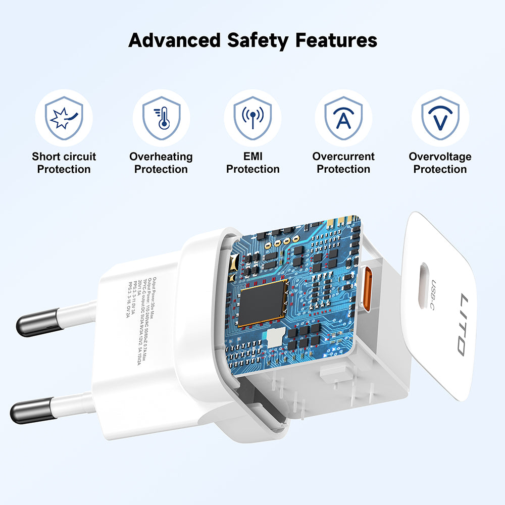 Lito - Wall Charger (LC11) - Type-C Output, PD30W, GaN, Real Time Protection, EU Plug - White
