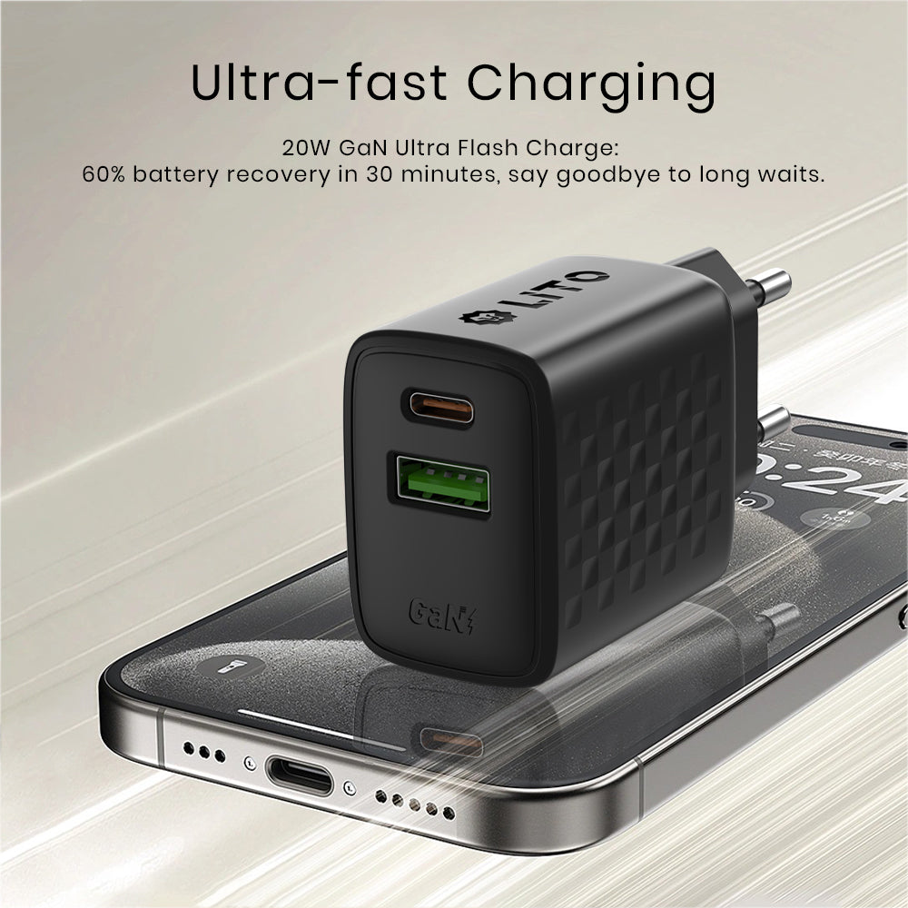 Lito - Wall Charger (LC15) - Type-C, USB Output, PD20W, GaN, PC Fireproof, EU Plug - Black