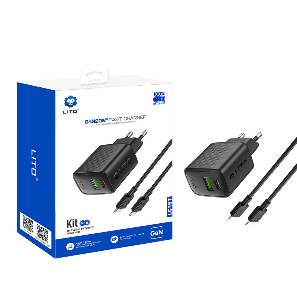 Lito - Wall Charger (LC15T) - with Type-C Cable Included, Type-C, USB Output, PD20W, GaN, PC Fireproof, EU Plug - Black