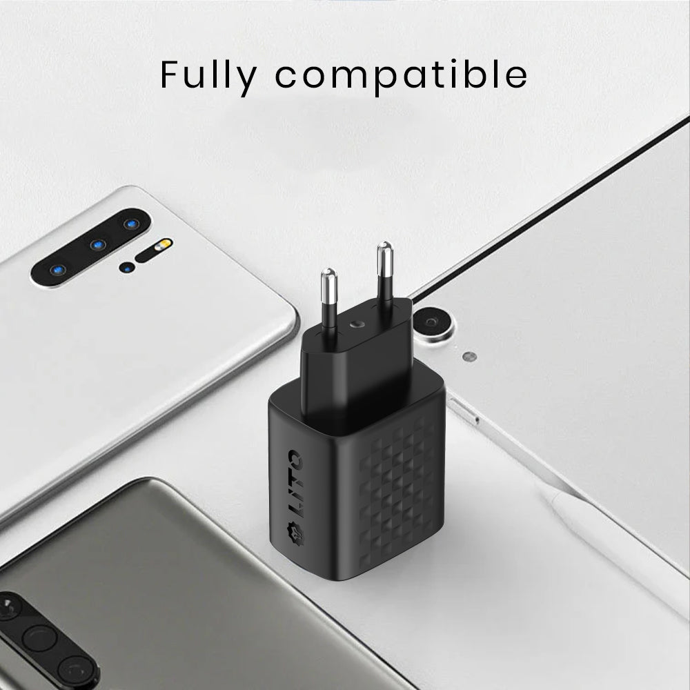 Lito - Wall Charger (LC15T) - with Type-C Cable Included, Type-C, USB Output, PD20W, GaN, PC Fireproof, EU Plug - Black