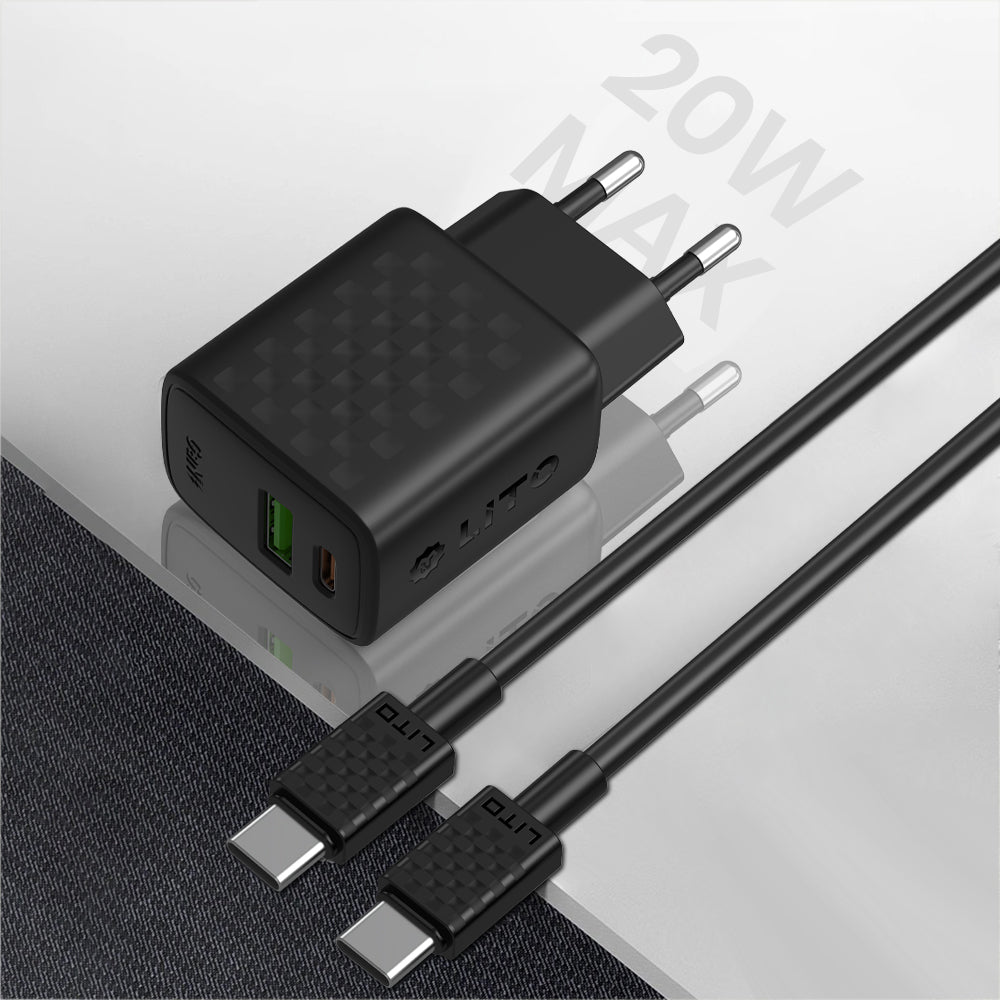 Lito - Wall Charger (LC15T) - with Type-C Cable Included, Type-C, USB Output, PD20W, GaN, PC Fireproof, EU Plug - Black