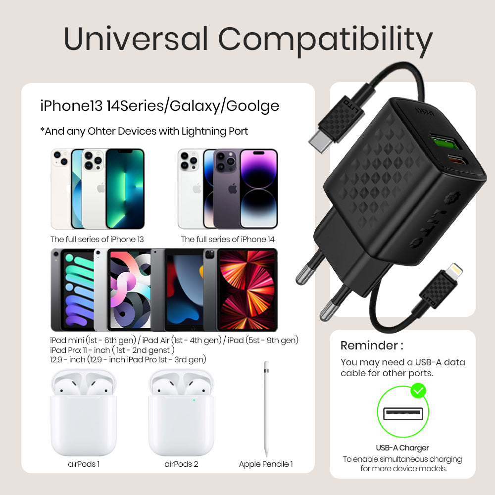 Lito Incarcator Lito (LC15L), with Lightning Cable Included, Type-C, USB Output, PD20W, GaN, PC Fireproof, EU Plug, Negr