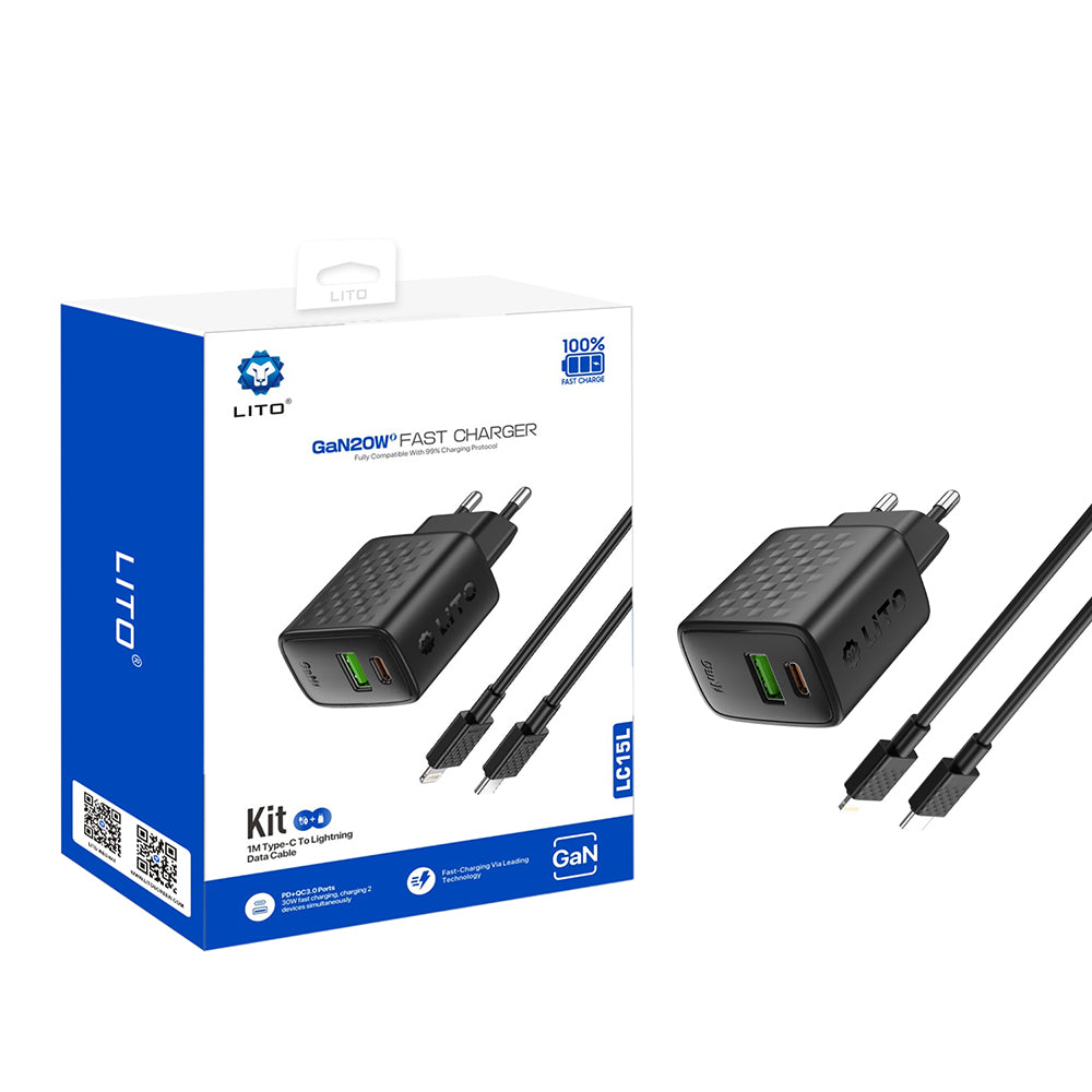 Lito Incarcator Lito (LC15L), with Lightning Cable Included, Type-C, USB Output, PD20W, GaN, PC Fireproof, EU Plug, Negr
