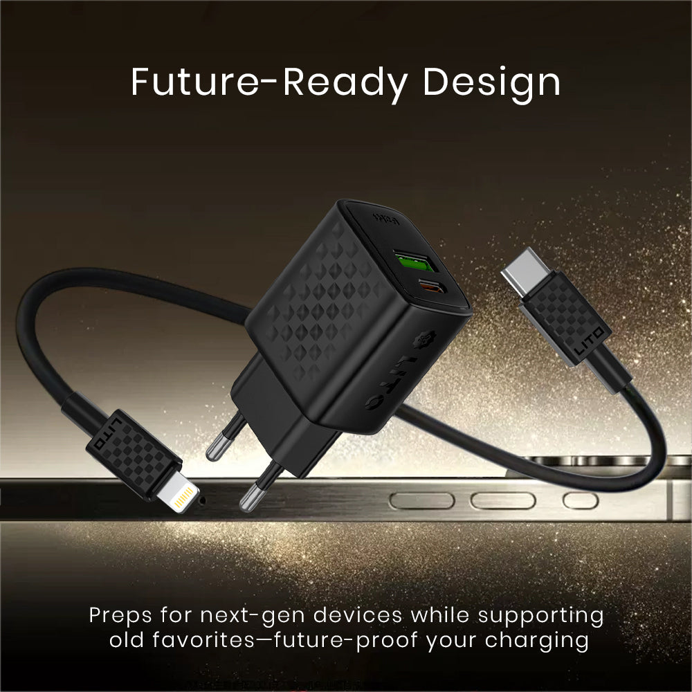 Lito Incarcator Lito (LC15L), with Lightning Cable Included, Type-C, USB Output, PD20W, GaN, PC Fireproof, EU Plug, Negr