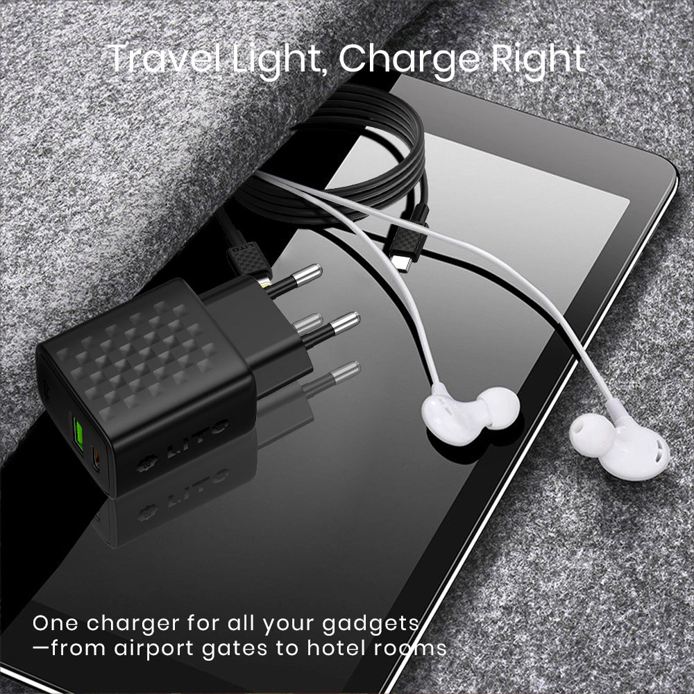 Lito Incarcator Lito (LC15L), with Lightning Cable Included, Type-C, USB Output, PD20W, GaN, PC Fireproof, EU Plug, Negr