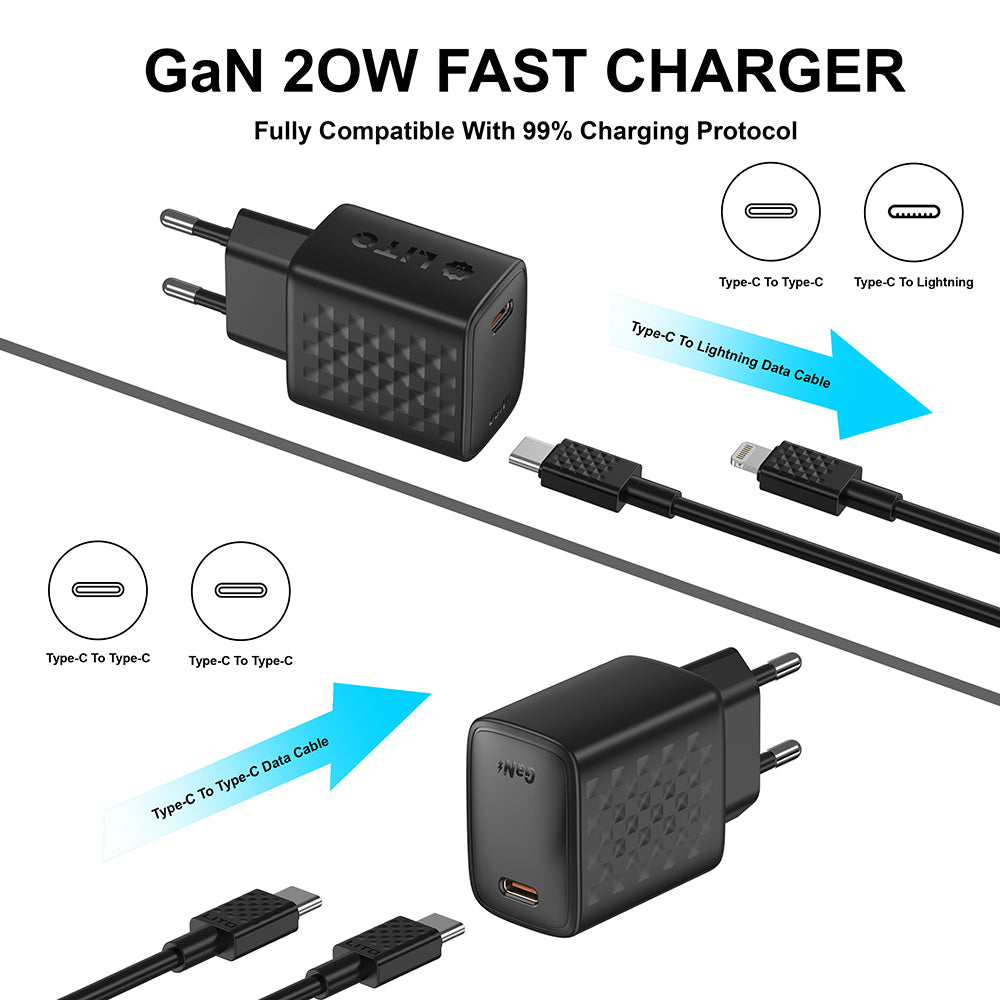 Lito - Wall Charger (LC13T) - with Type-C Cable Included, Type-C, PD20W, GaN, PC Fireproof, EU Plug - Black