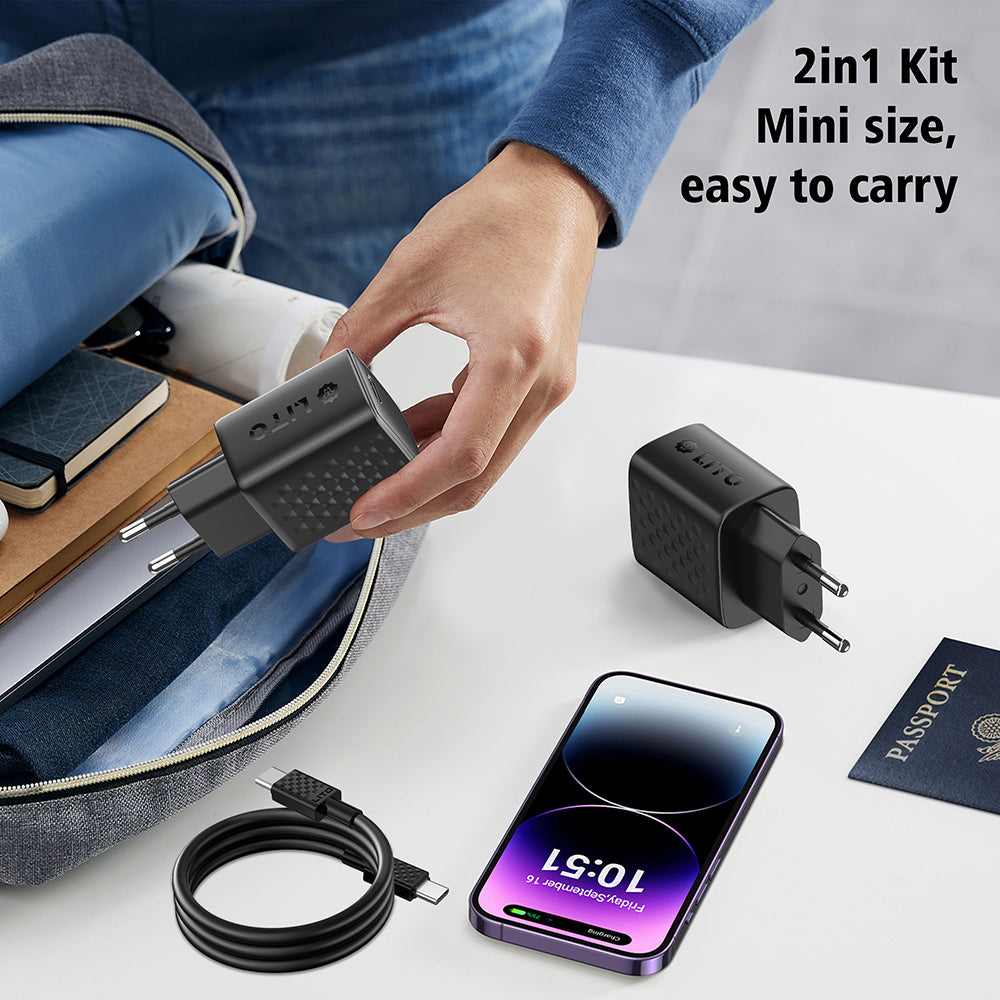Lito - Wall Charger (LC13T) - with Type-C Cable Included, Type-C, PD20W, GaN, PC Fireproof, EU Plug - Black