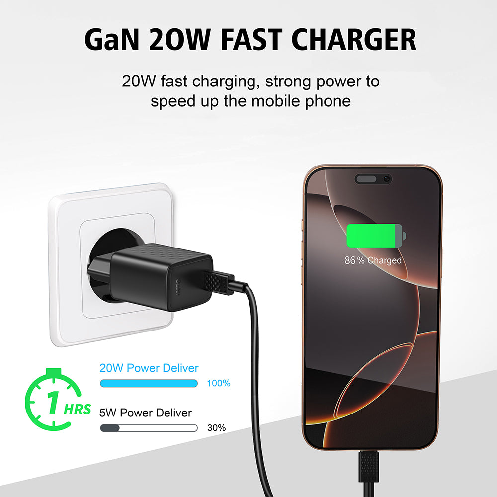 Lito - Wall Charger (LC13L) - with Lightning Cable Included, Type-C, PD20W, GaN, PC Fireproof, EU Plug - Black