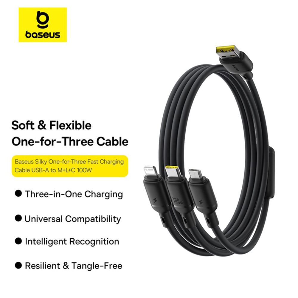 Baseus - Data Cable Silky (P10377705123-00) - Fast Charge, USB to USB-C, Lightning, Micro-USB, 100W, 480Mbps, 1.5m - Bla