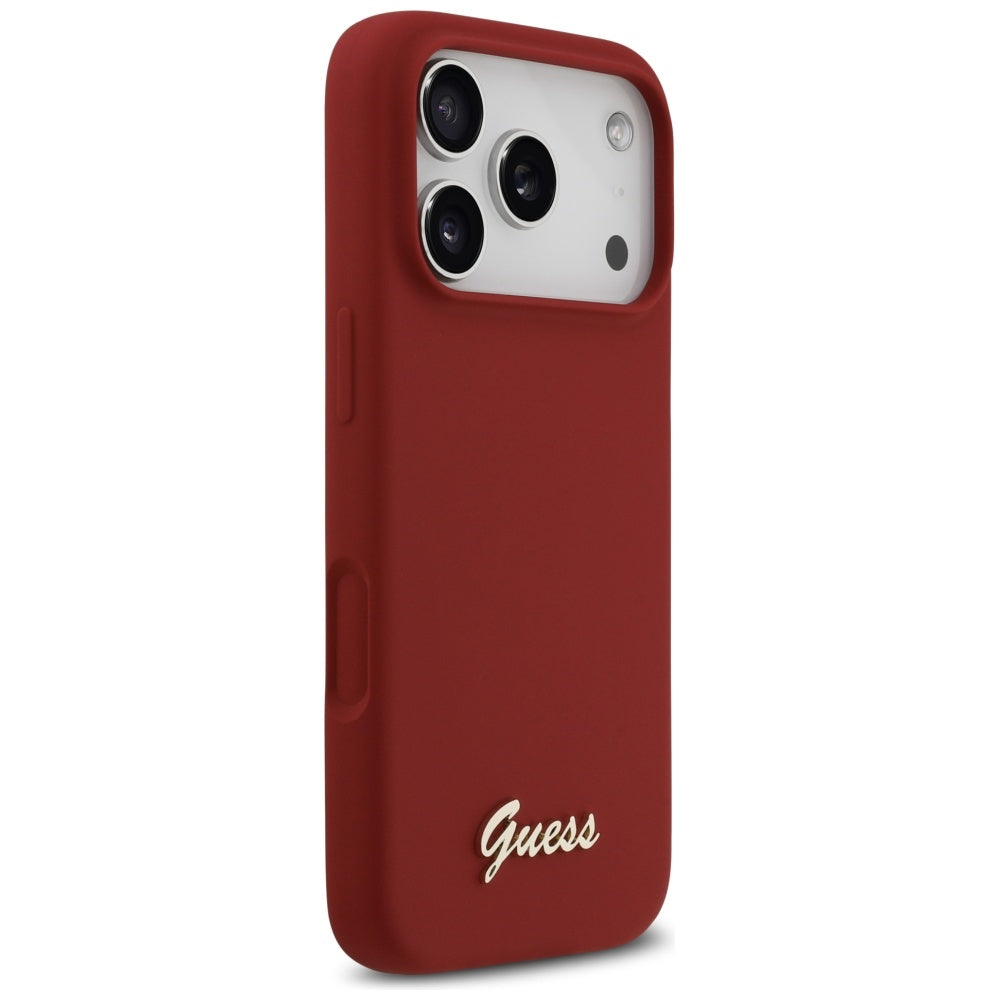 Husa pentru iPhone 17 Pro - Guess Silicone Script Metal Logo MagSafe (GUHMP17LSMBSLM) - Red