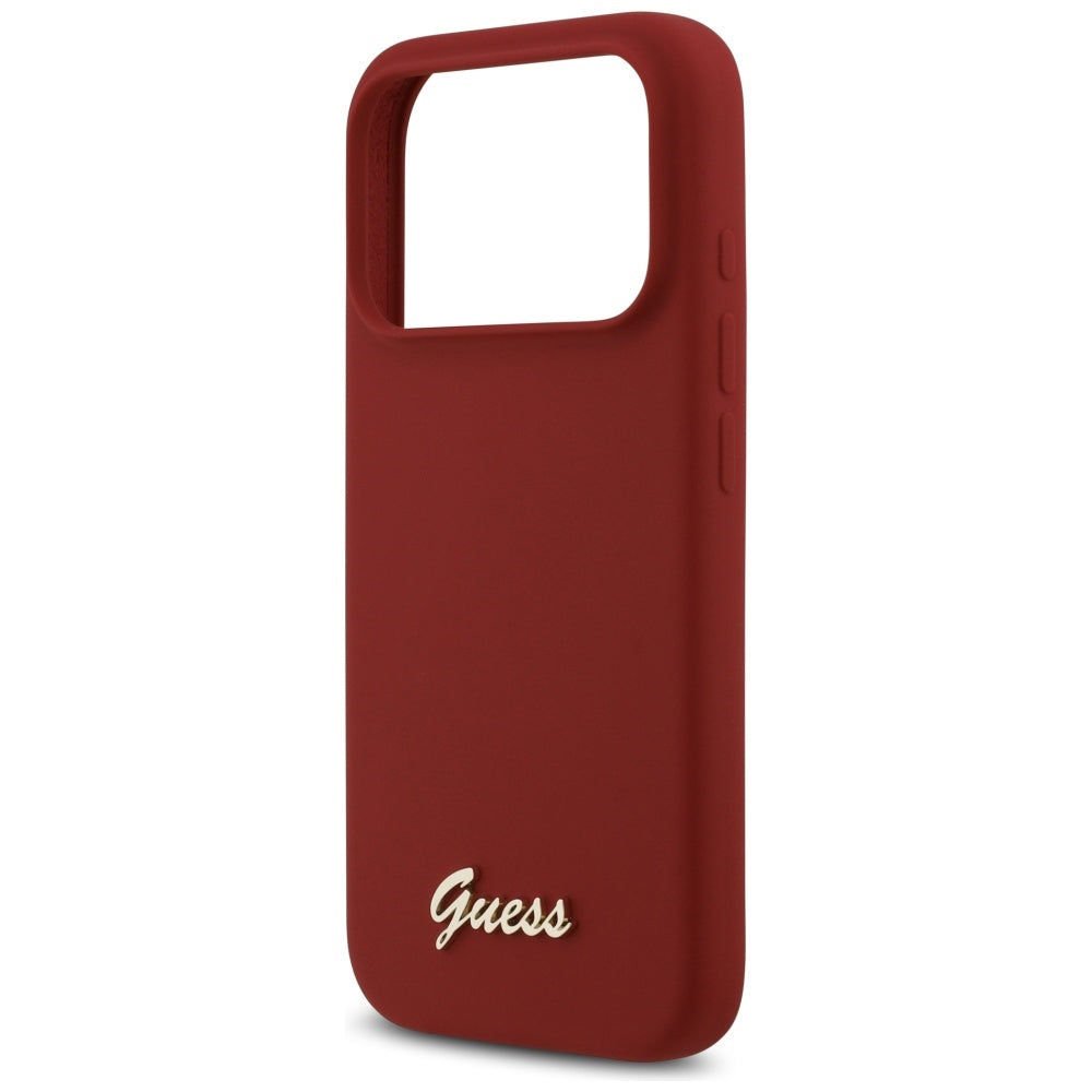 Husa pentru iPhone 17 Pro - Guess Silicone Script Metal Logo MagSafe (GUHMP17LSMBSLM) - Red