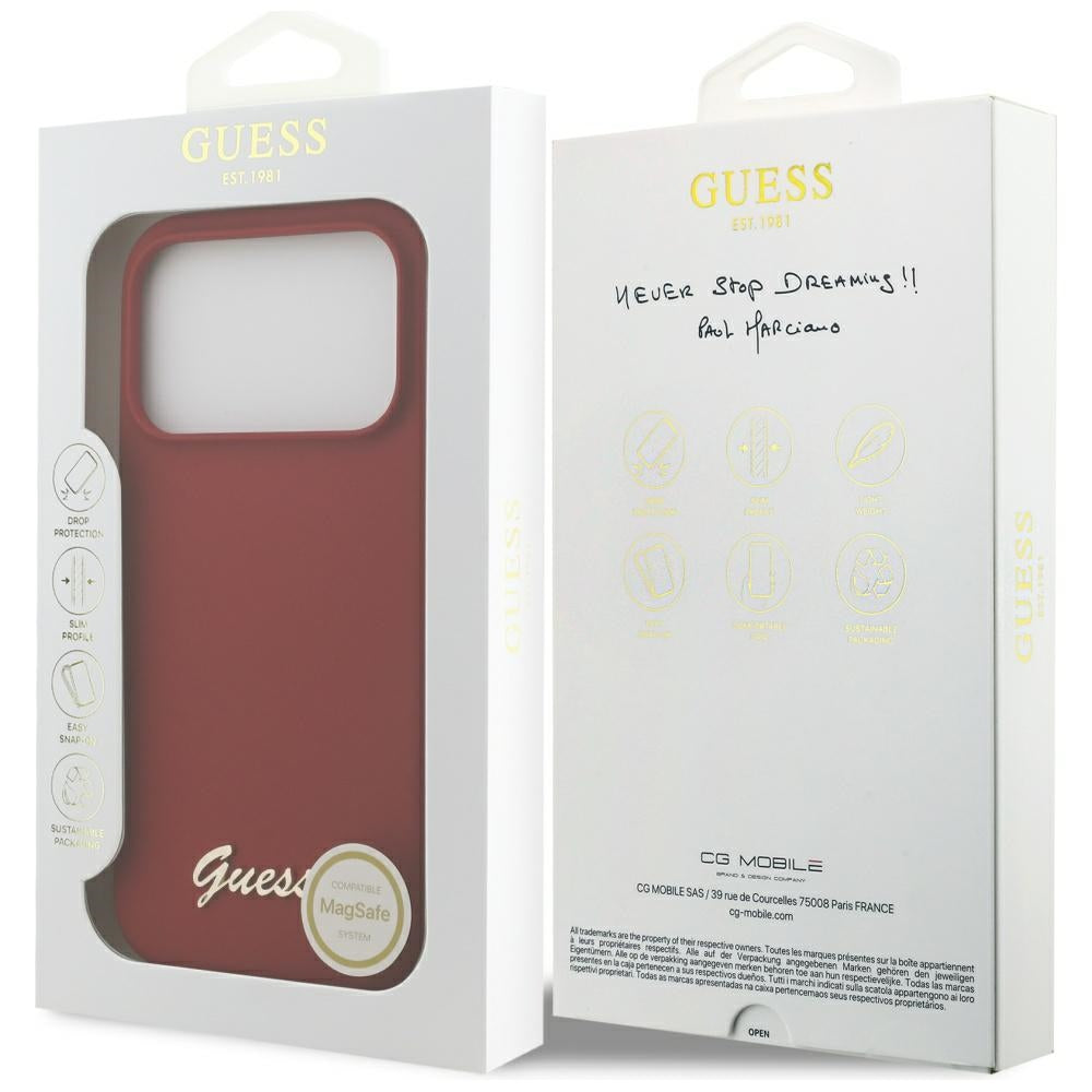 Husa pentru iPhone 17 Pro - Guess Silicone Script Metal Logo MagSafe (GUHMP17LSMBSLM) - Red