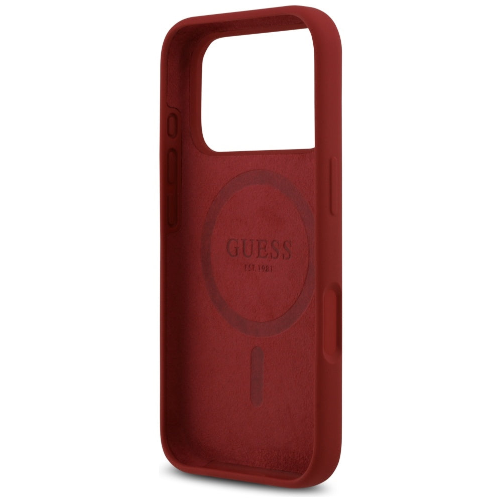 Husa pentru iPhone 17 Pro - Guess Silicone Script Metal Logo MagSafe (GUHMP17LSMBSLM) - Red