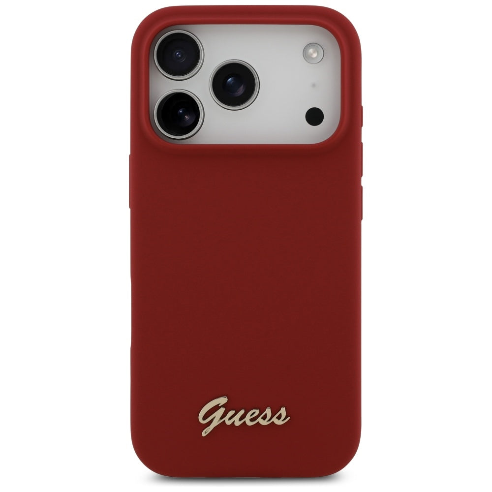 Husa pentru iPhone 17 Pro - Guess Silicone Script Metal Logo MagSafe (GUHMP17LSMBSLM) - Red
